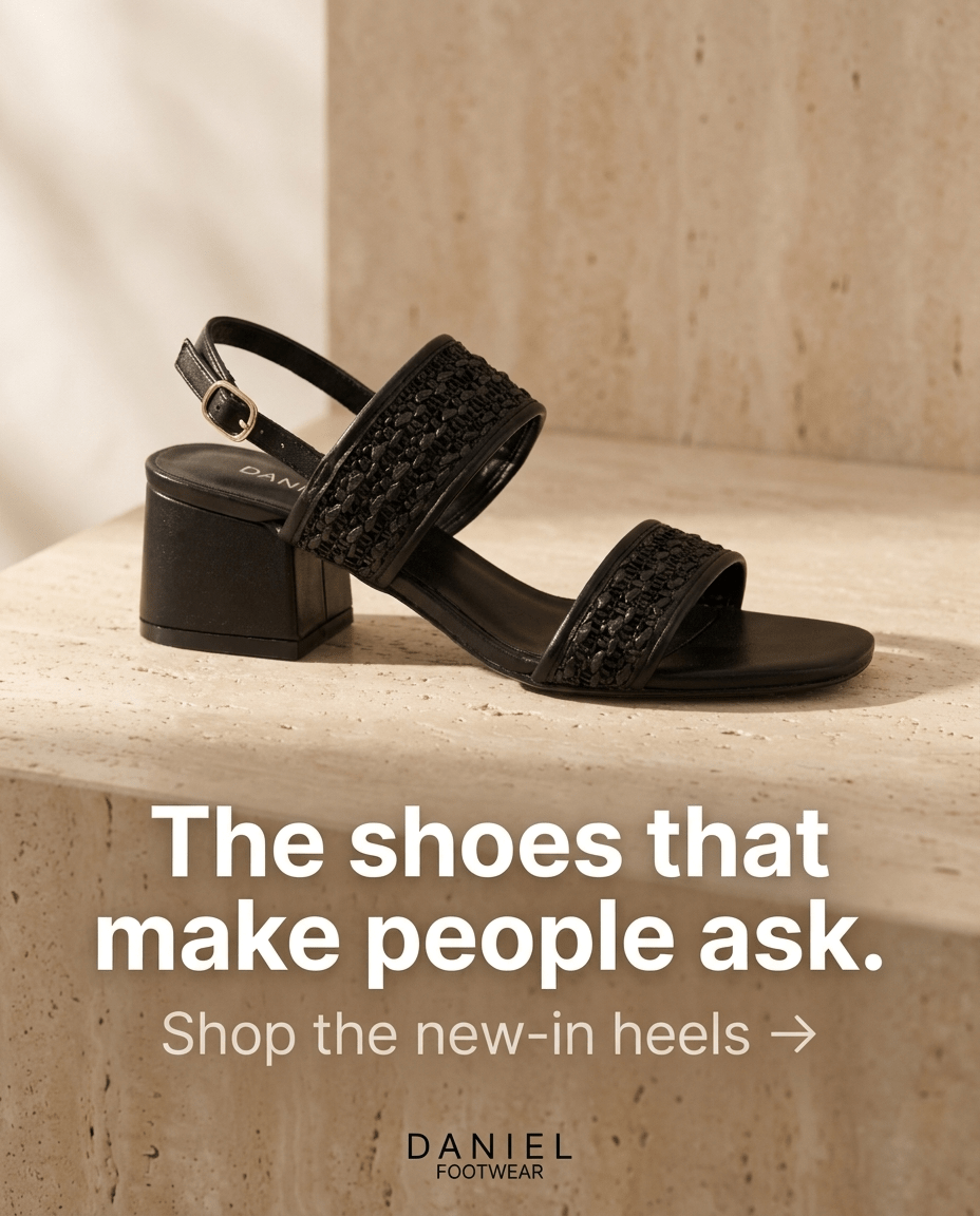 Daniel Footwear Facebook ad, woven black block-heel sandals, caption 'The shoes that make people ask.'