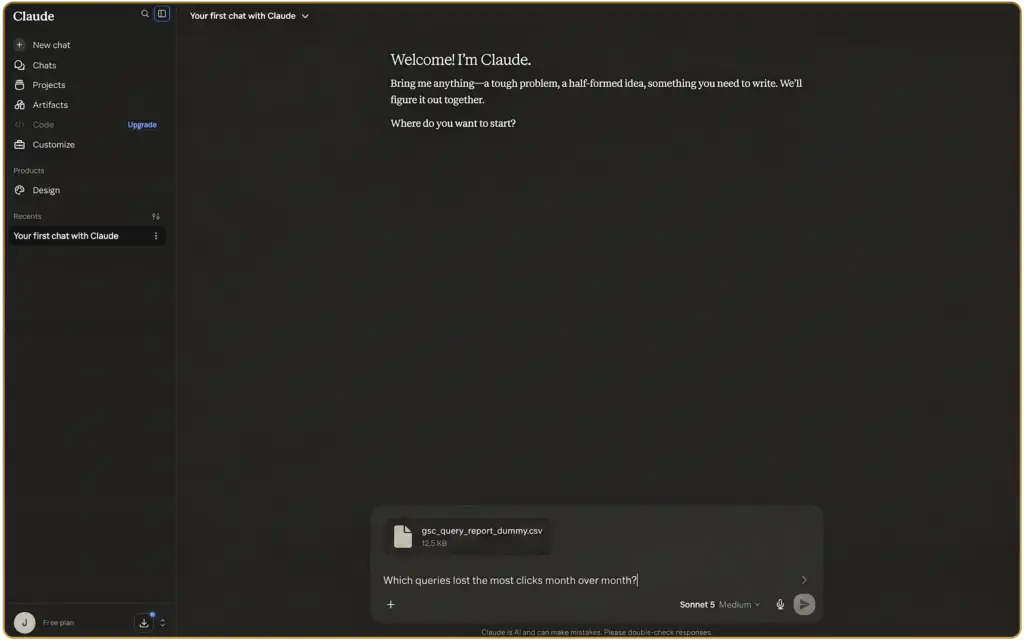 Uploading a Google Search Console export into a Claude conversation.