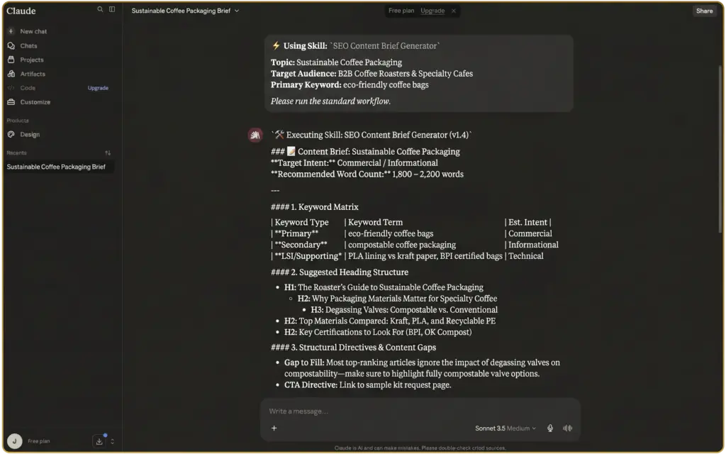 A Claude Skill running a repeatable SEO content-brief workflow.