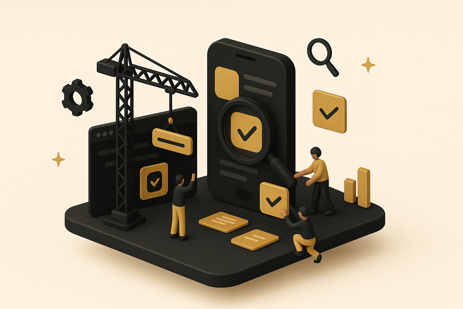 Isometric illustration representing app store optimization, showing app listing elements being improved and ranked upward