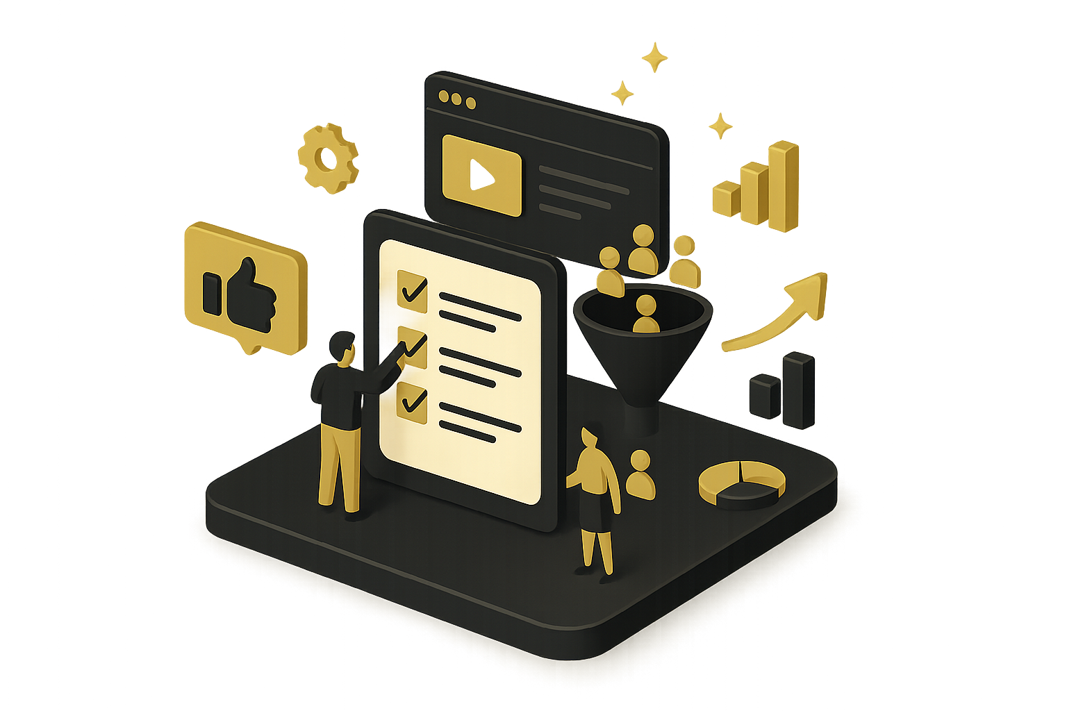 Isometric illustration representing B2B content marketing strategy for lead generation