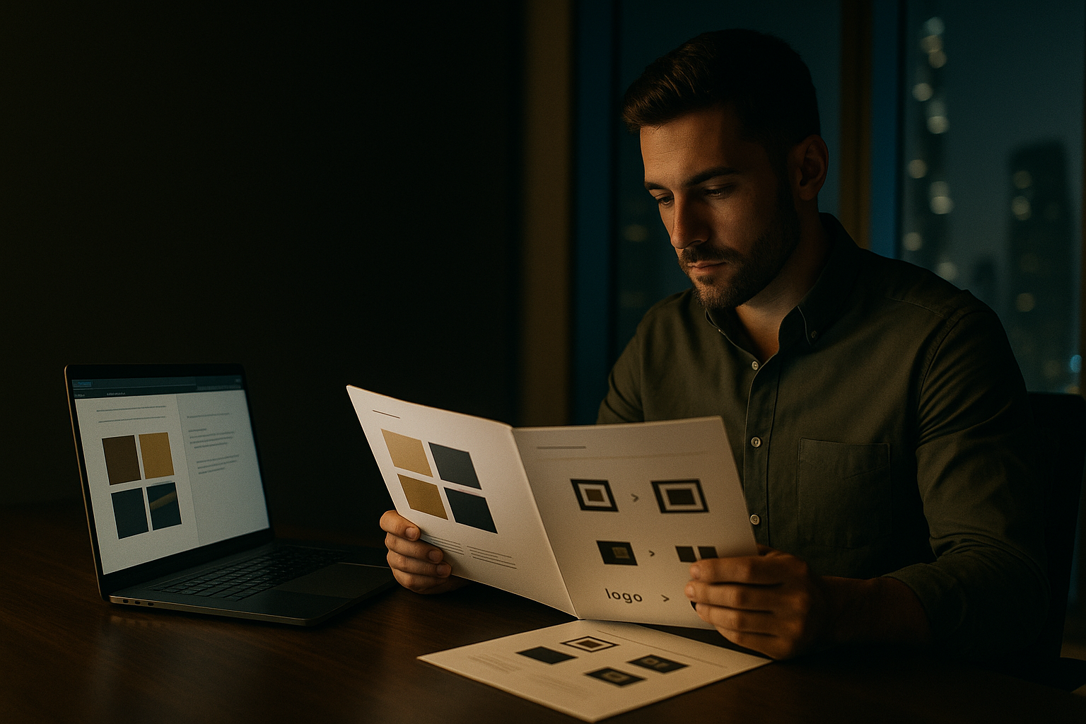 Marketing manager reviewing a printed brand style guide with colour swatches and logo lockups next to a laptop in a Dubai office