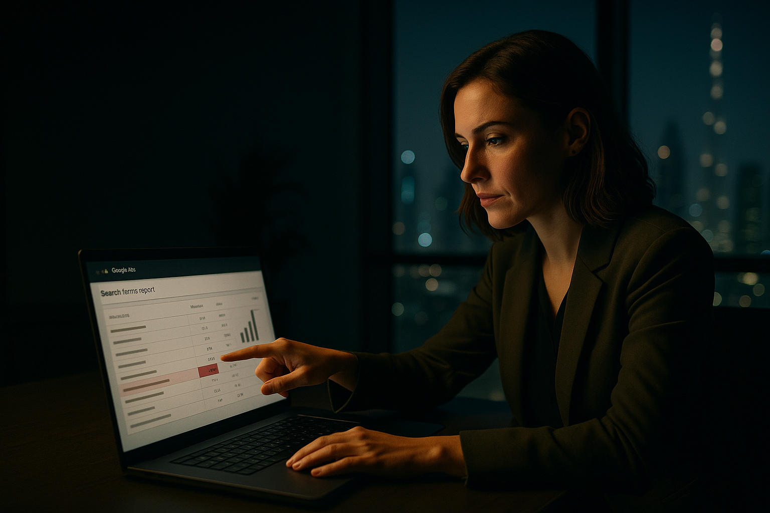 A marketing analyst reviewing a Google Ads search terms report on a laptop in a Dubai agency office, with a highlighted row being added to a negative keyword list