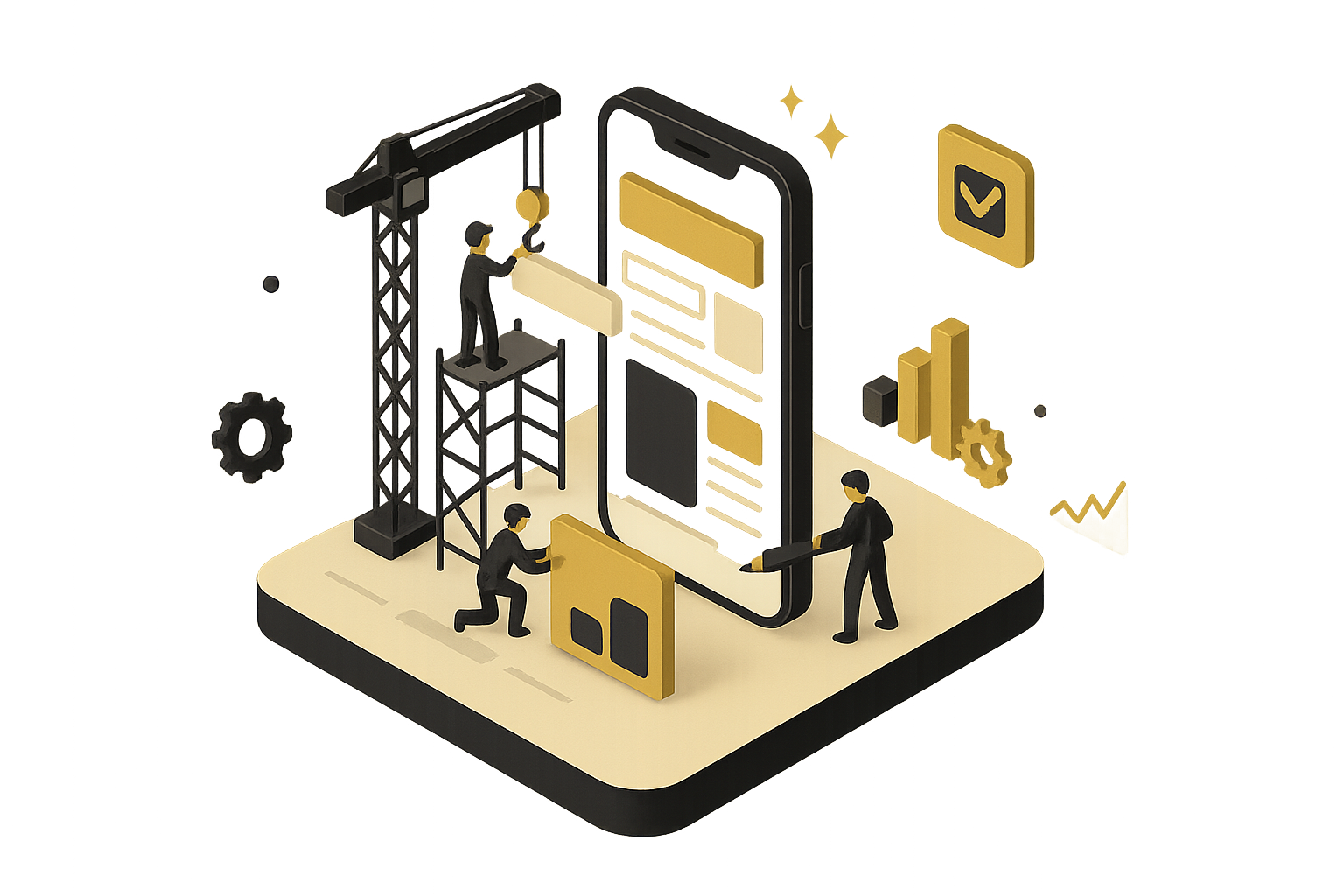Isometric illustration representing MVP app development planning and testing