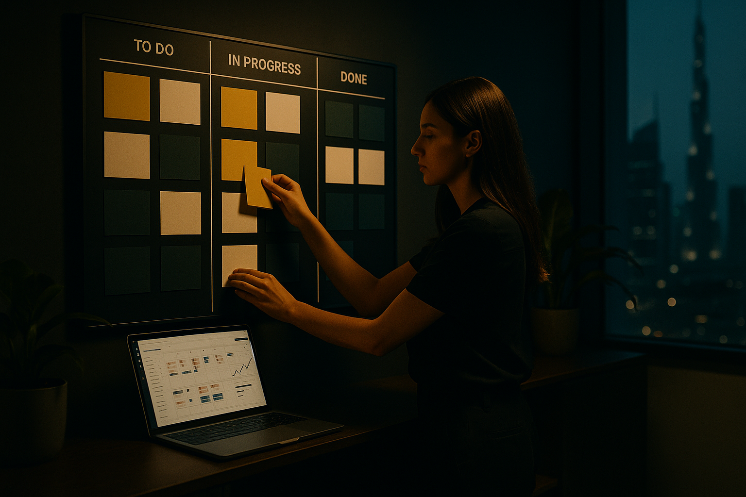 Marketing coordinator planning a social media content calendar on a wall board in a Dubai agency office