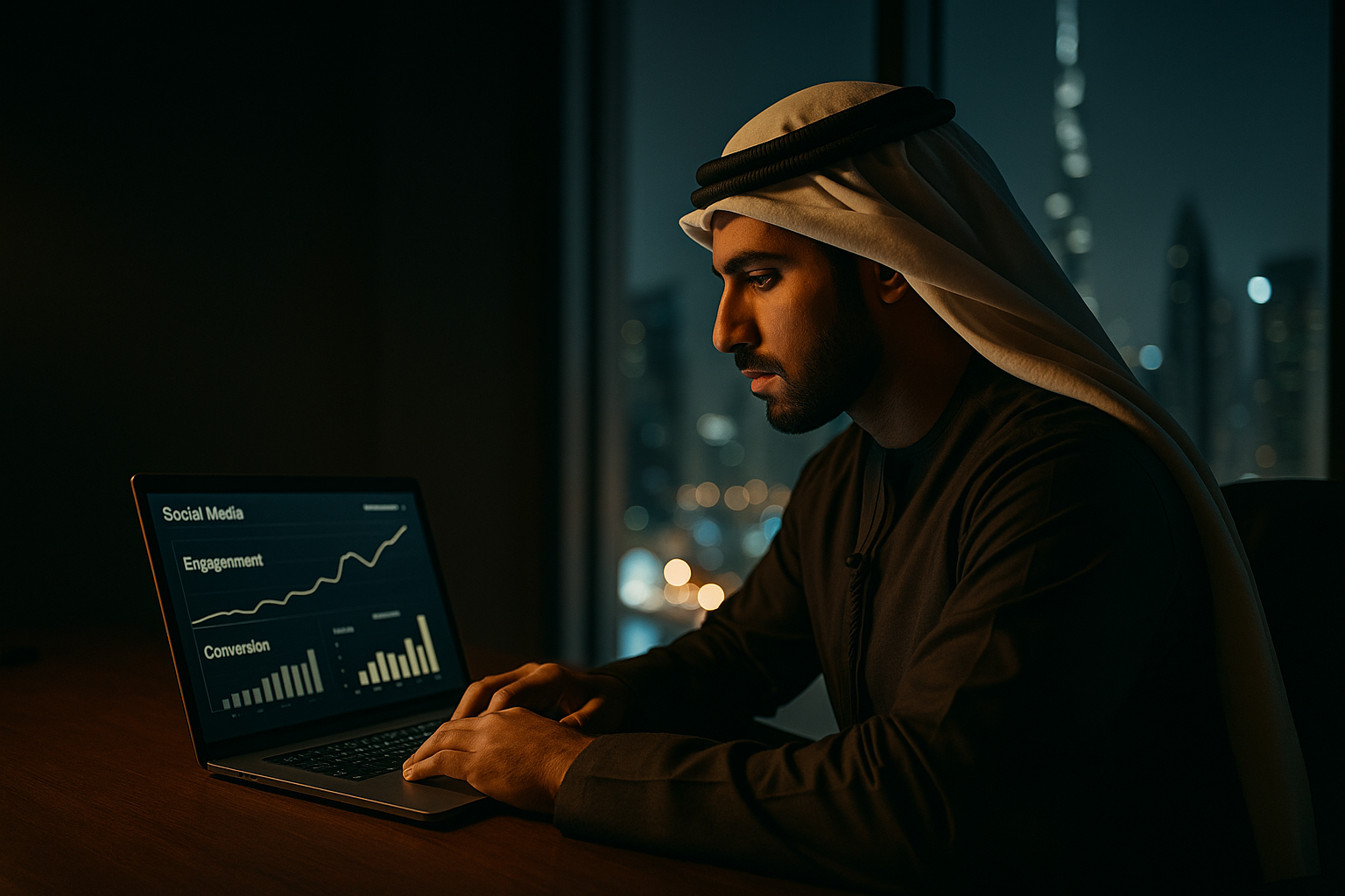 Marketing manager reviewing a social media analytics dashboard on a laptop in a Dubai office