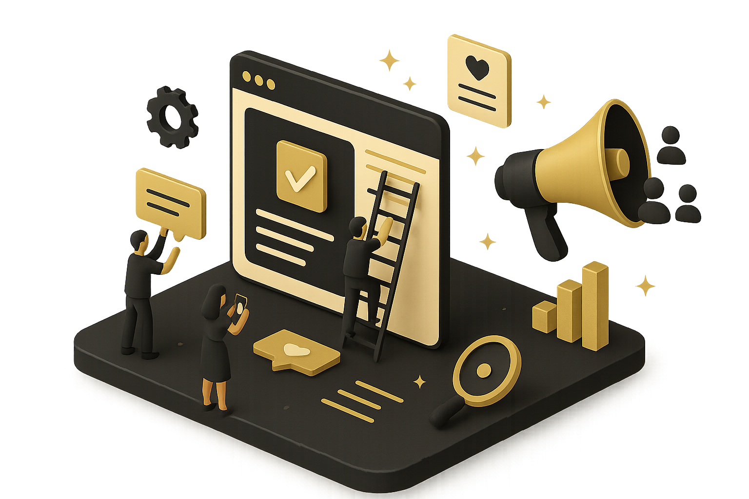 Isometric illustration representing user generated content marketing, showing customer content being collected and featured