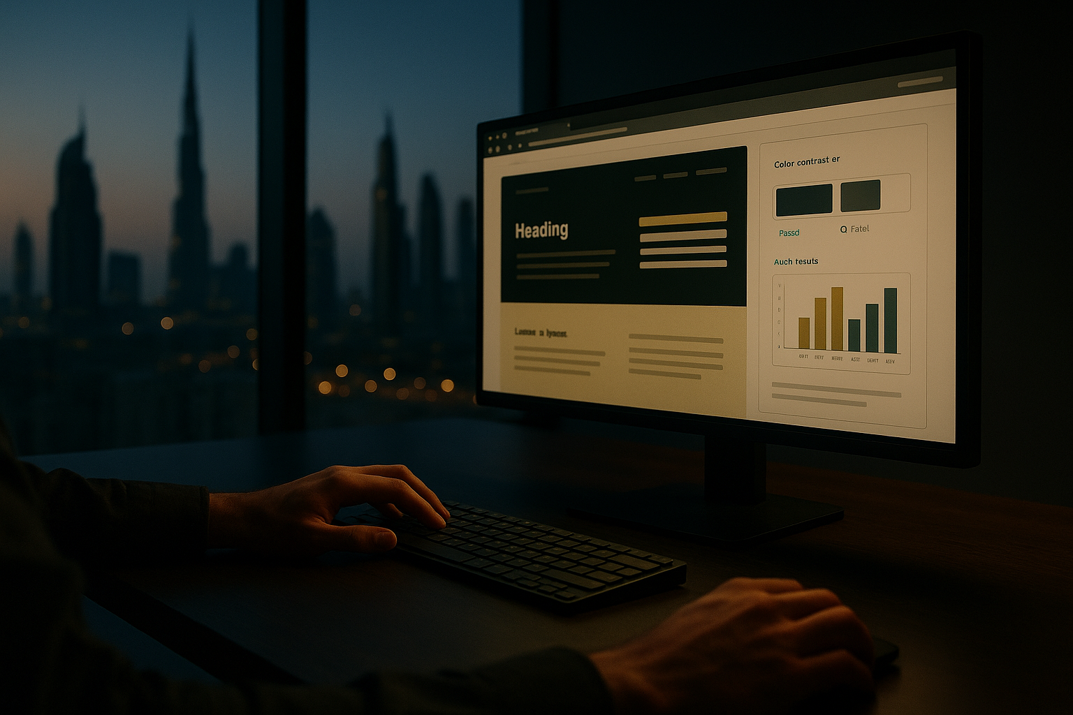 A web developer reviewing website colour contrast and accessibility audit results on a monitor in a Dubai office