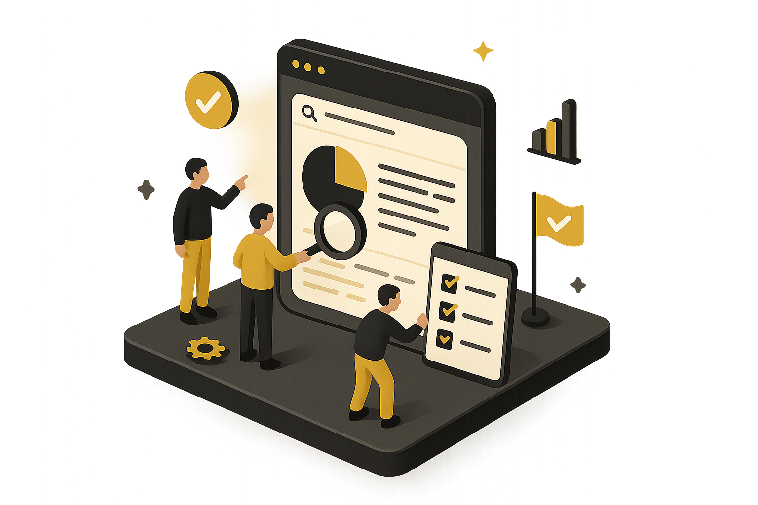 Isometric illustration of a team inspecting a search console coverage dashboard with checkmarks and charts