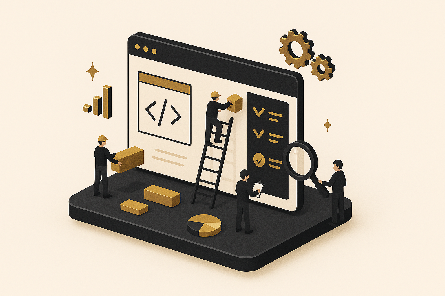 Isometric illustration of a structured data testing and schema markup audit workflow